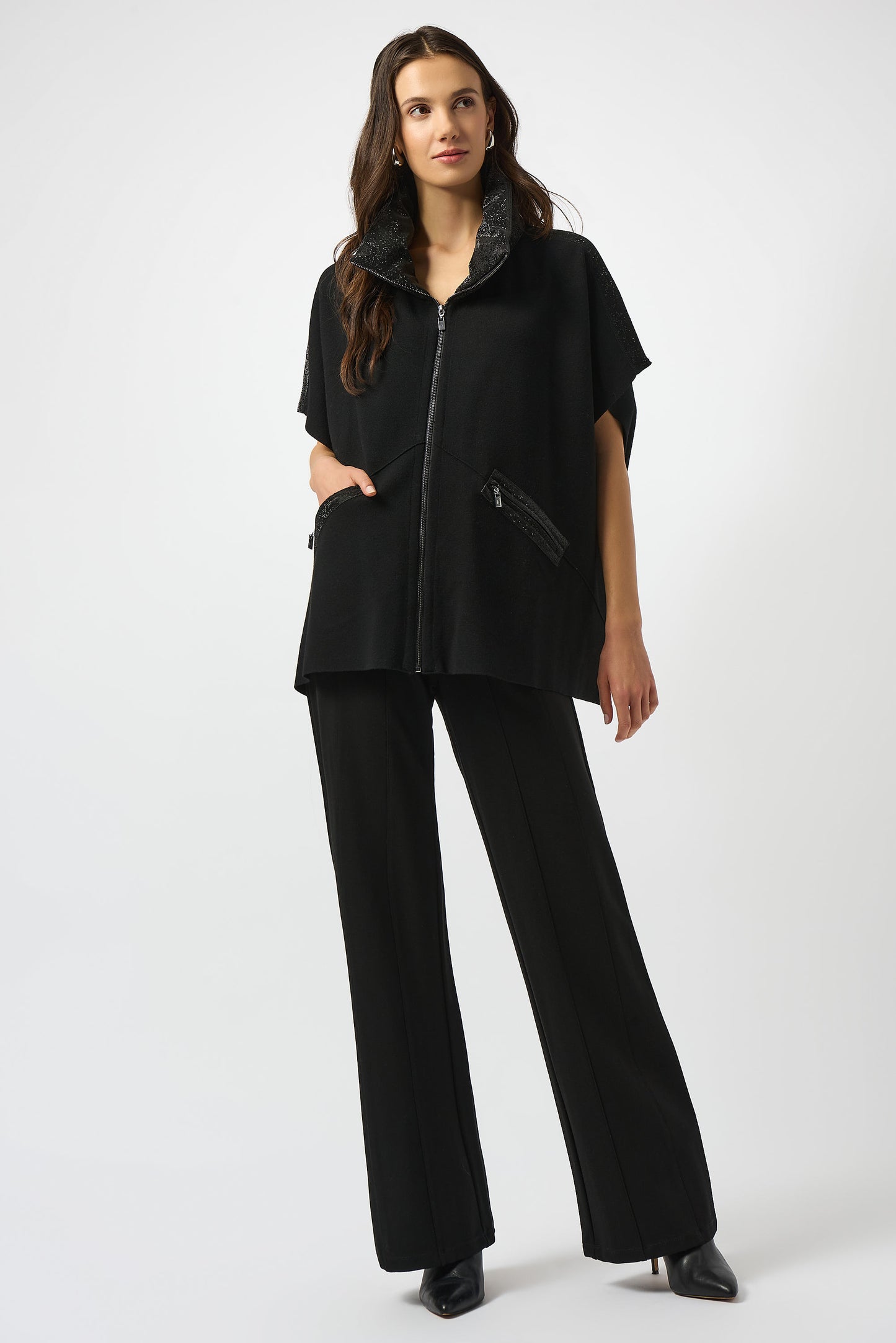Faux Leather Trimmed Poncho Sleeve Jacket
