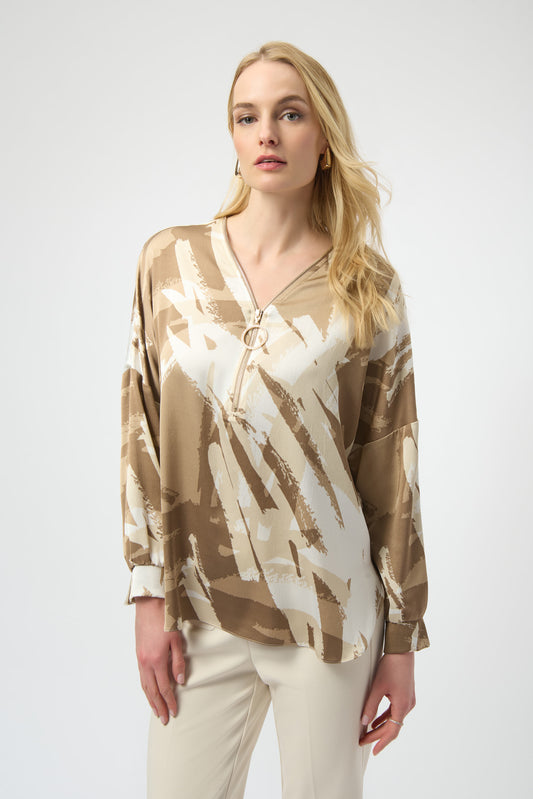 Recycled Satin Abstract Print Tunic With Zipper Detail