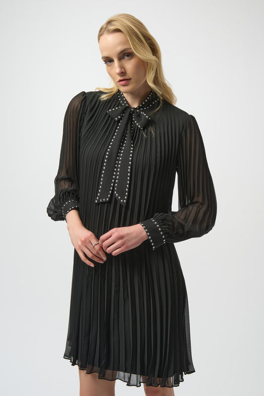 Pleated Chiffon Aline Dress with Neck Tie