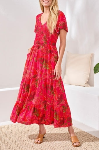 Sangria Ruched Top Short Sleeve Maxi Dress