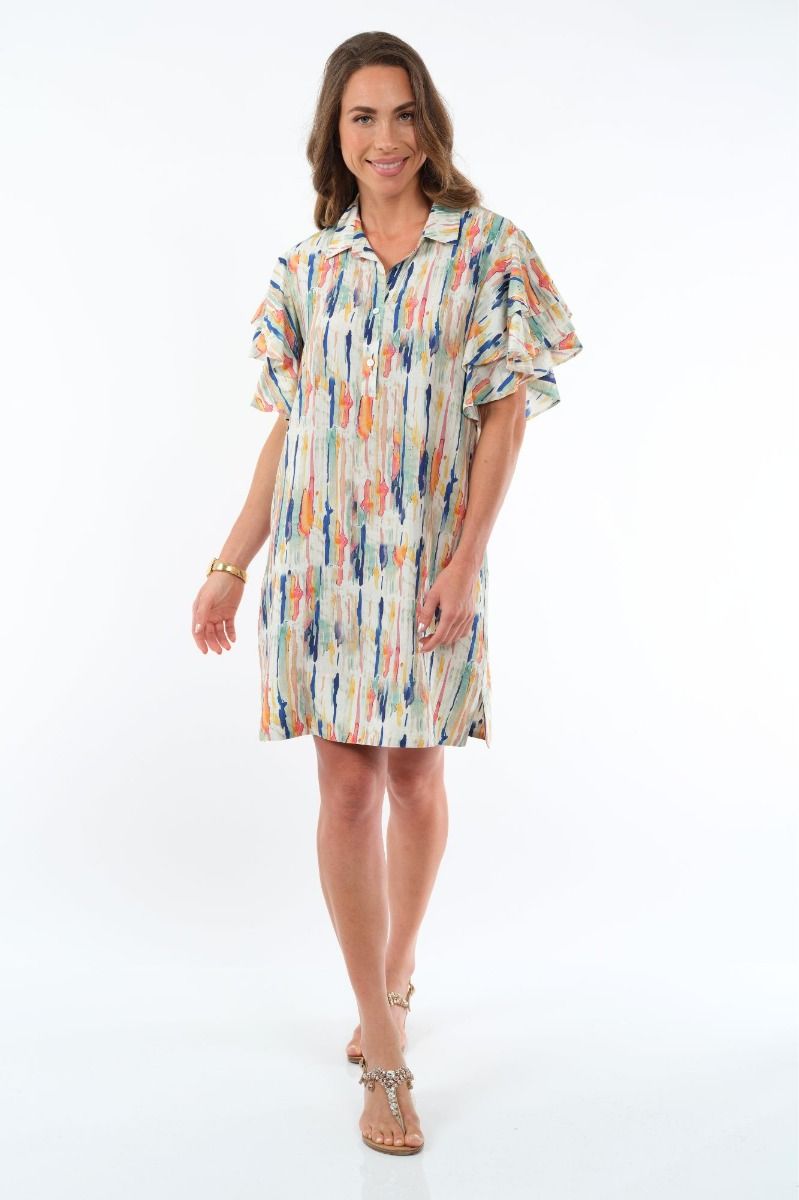 Knee Length Dress With Collar & Flounce Sleeves Side Pockets