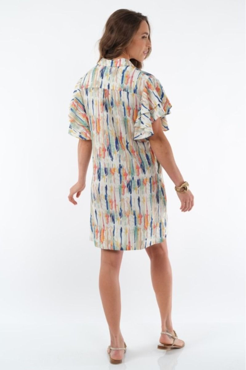 Knee Length Dress With Collar & Flounce Sleeves Side Pockets