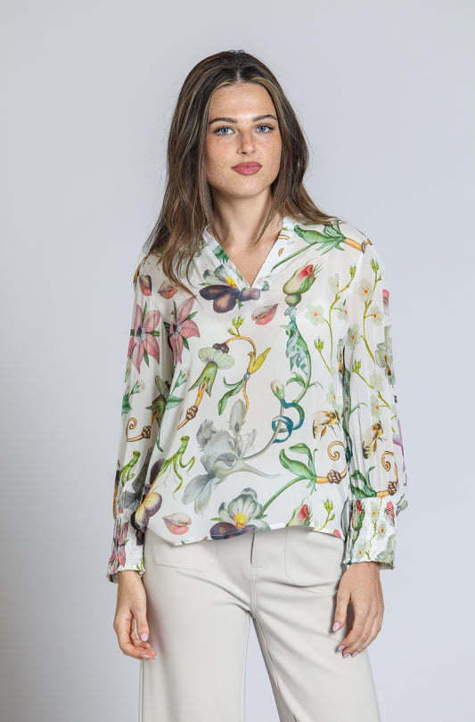 Split Neck Blouse with Smocked Cuffs