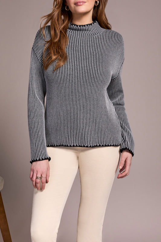 Combed Cotton Two-Tone Rib Funnel Neck Sweater