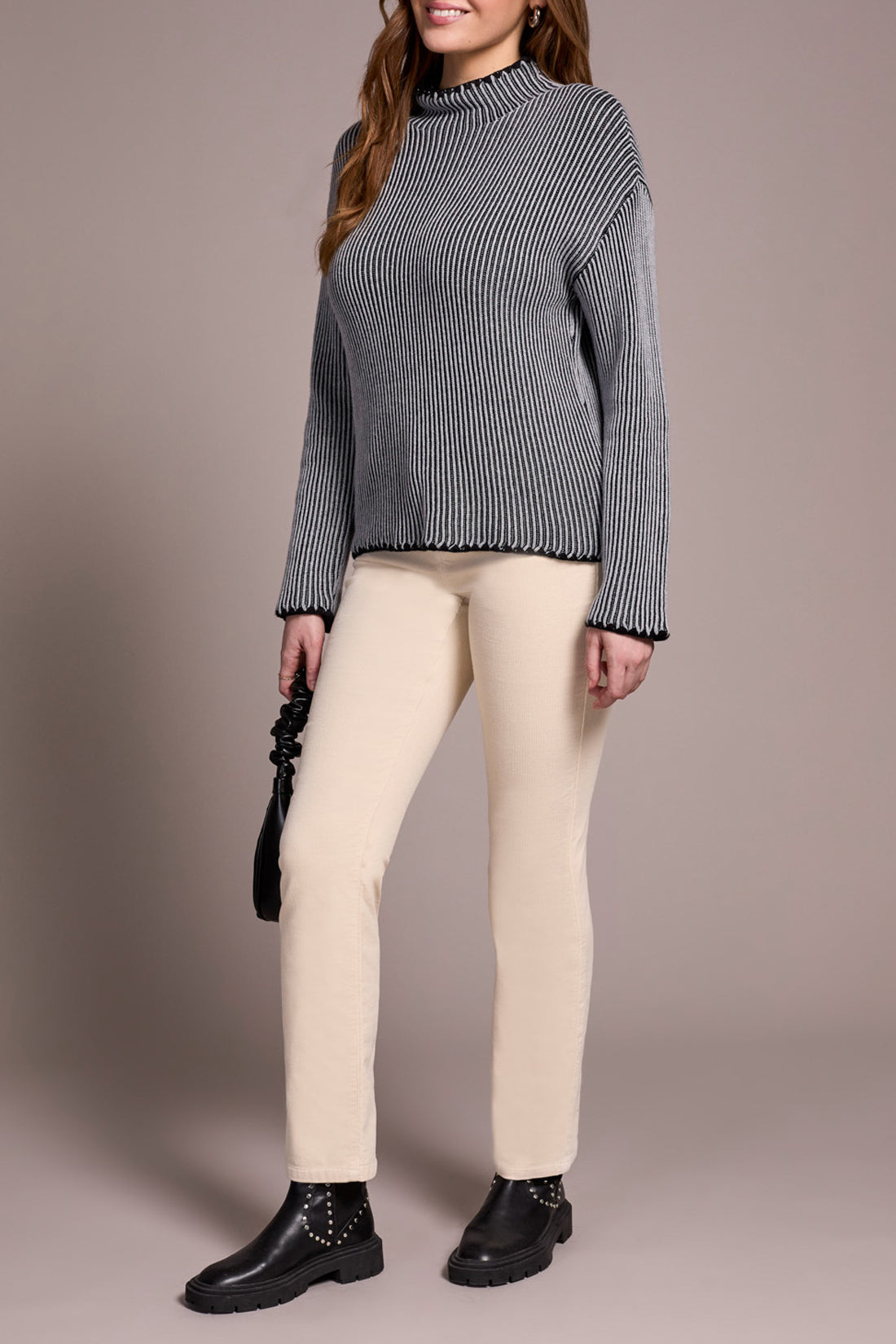 Combed Cotton Two-Tone Rib Funnel Neck Sweater