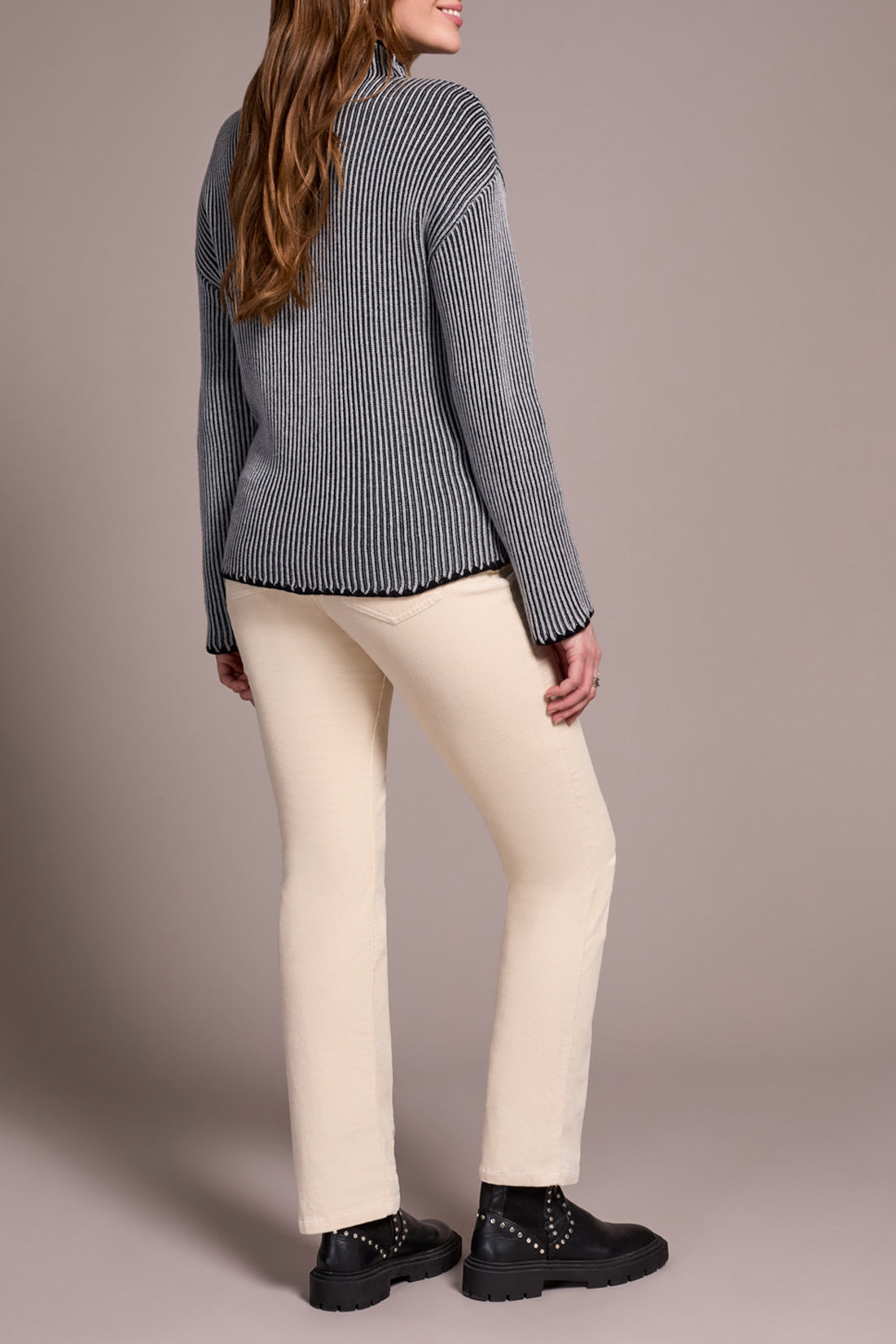 Combed Cotton Two-Tone Rib Funnel Neck Sweater