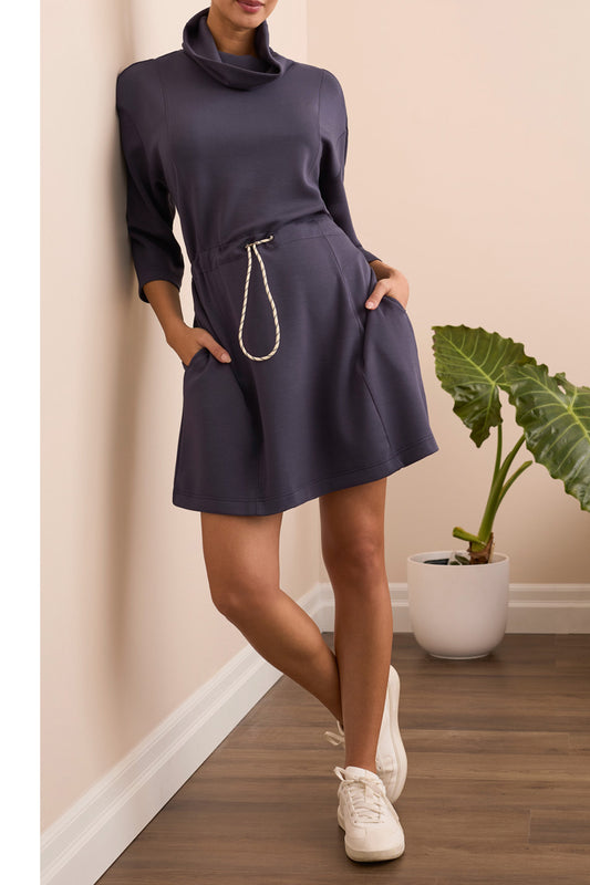 3/4 Sleeve Funnel Neck Dress with Drawcord