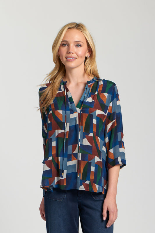 Navy V-Neck Blouse with Tassel Detail