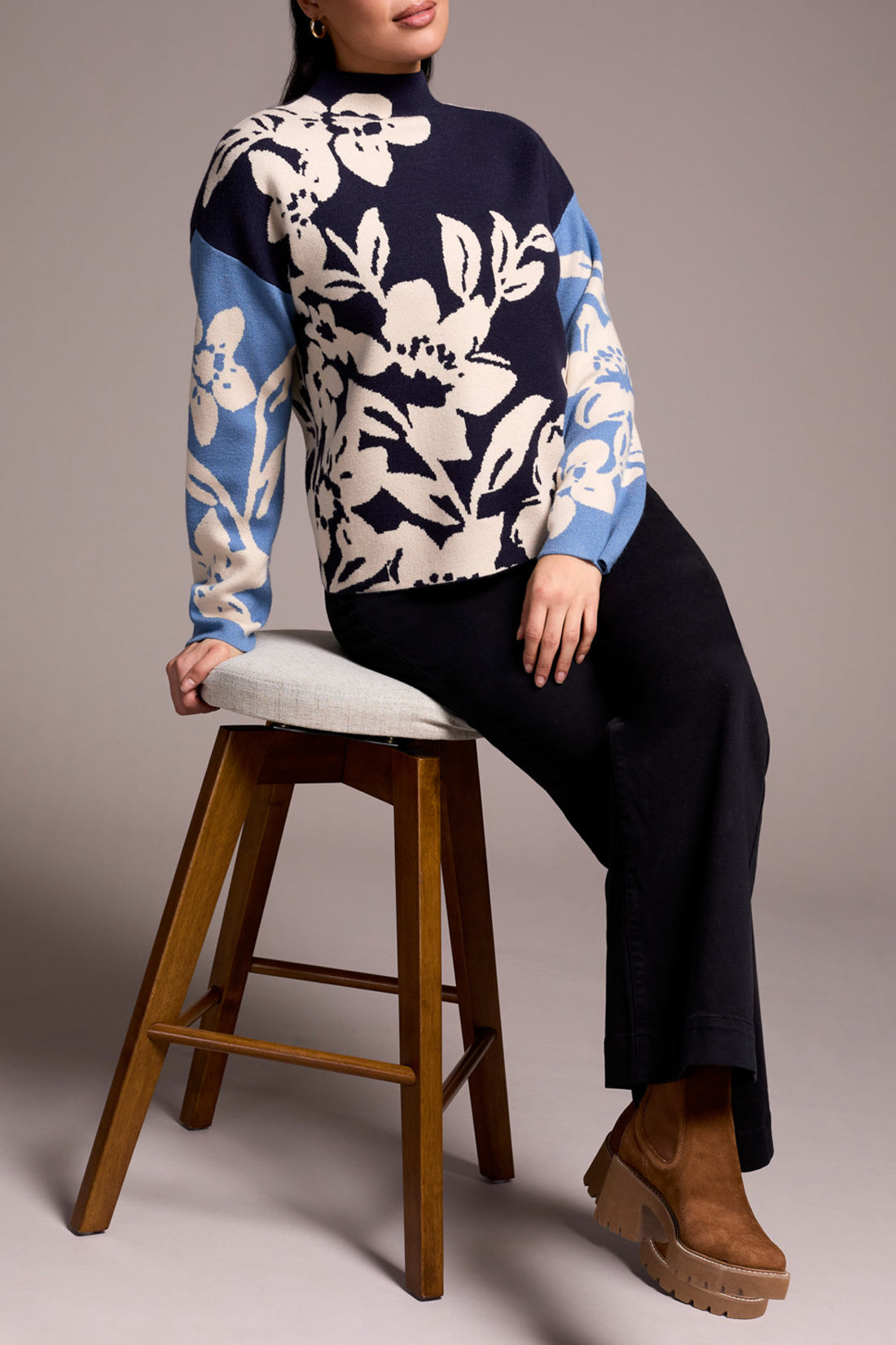 Sapphire Knit Jacquard Funnel Neck Sweater