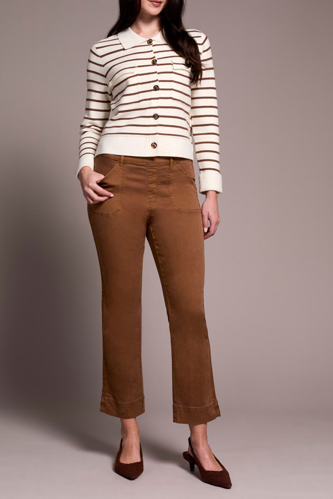 Striped Long Sleeve Cardigan with Collar & Pockets