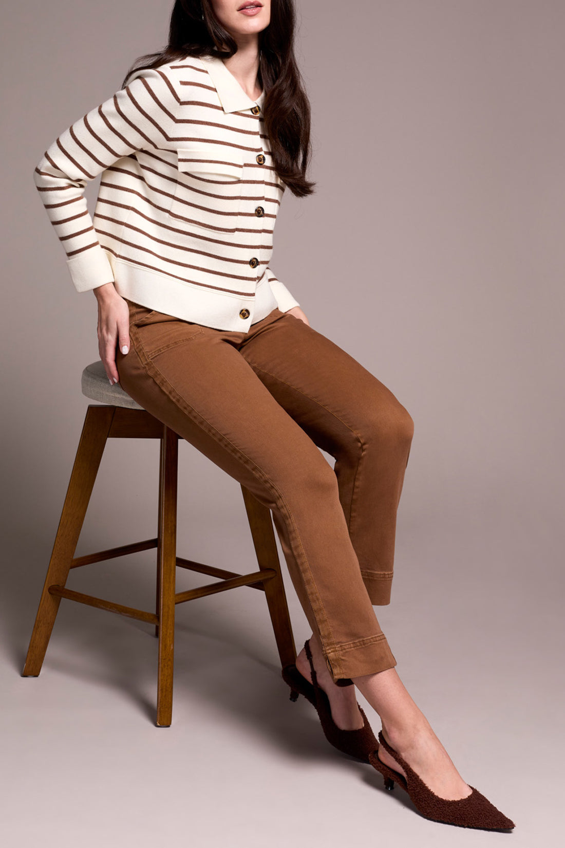Striped Long Sleeve Cardigan with Collar & Pockets