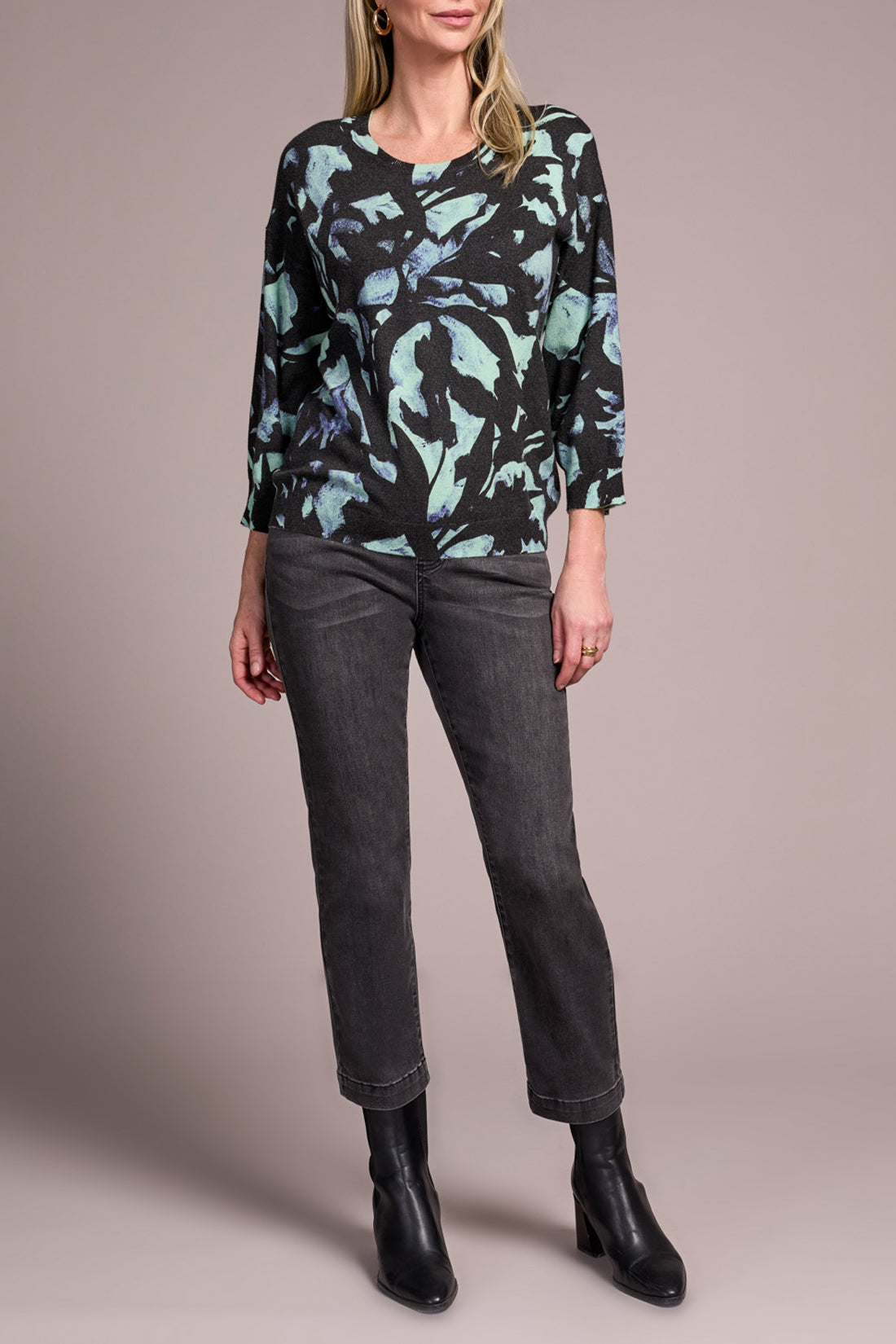 Mint Soft Yarn Three-Quarter Sleeve Crewneck Sweater