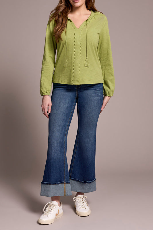 Long Sleeve Split Neck Top with Tassel