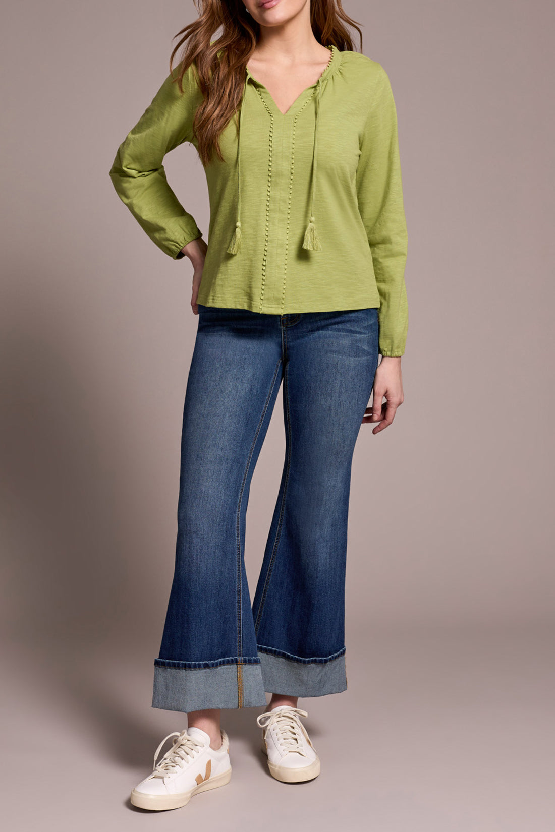 Long Sleeve Split Neck Top with Tassel