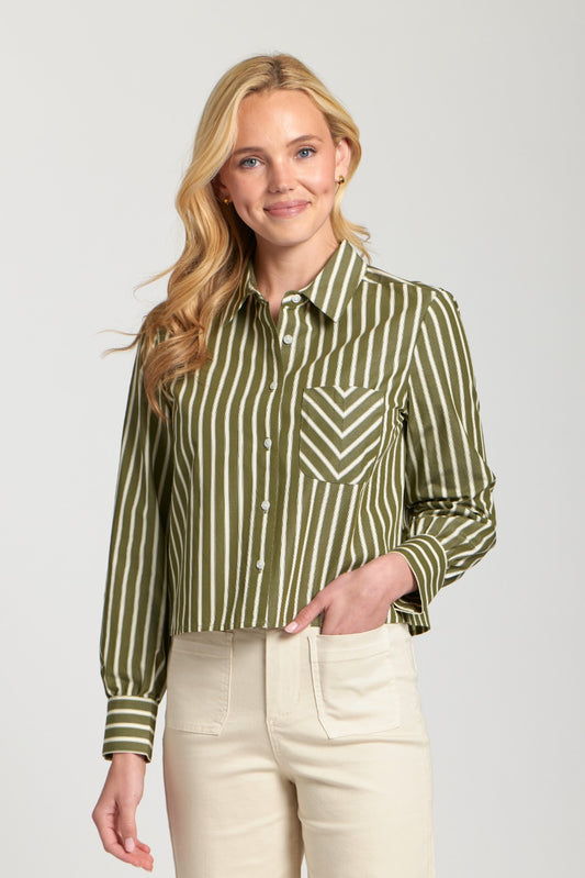 Cropped Olive Stripe Button Down Shirt