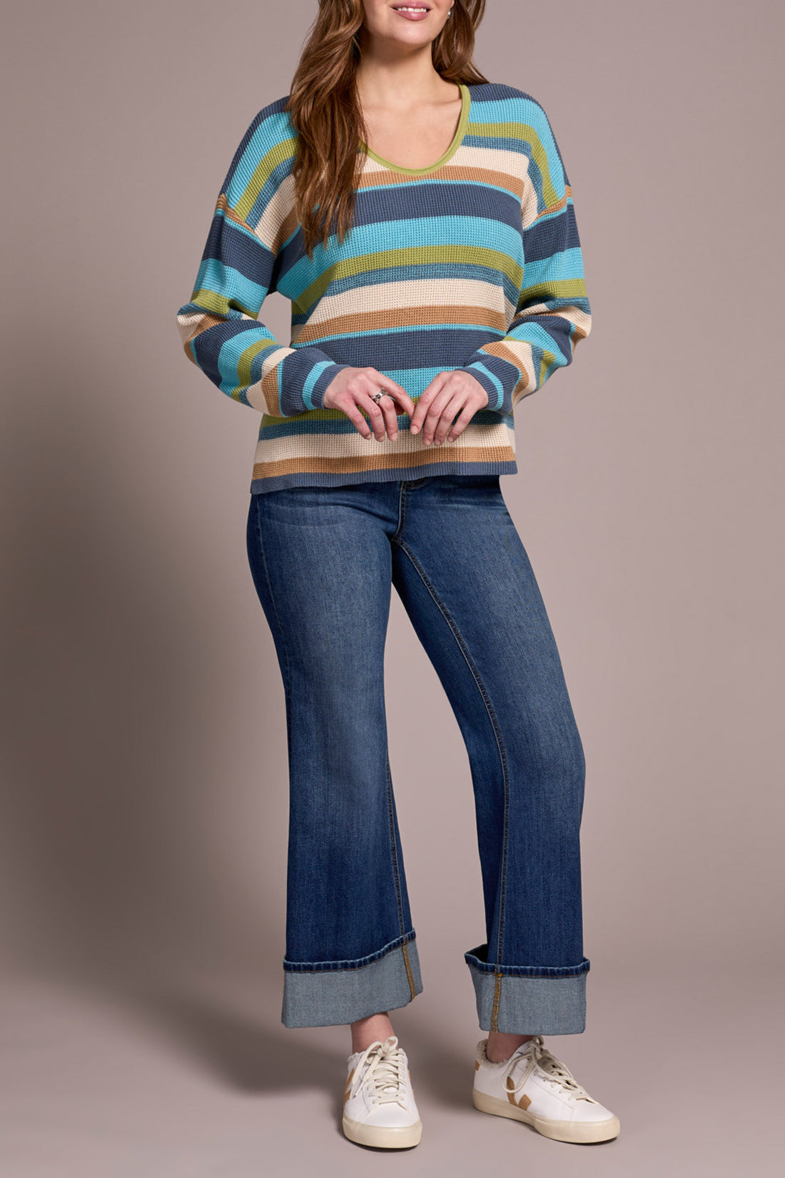 Combed Cotton U-Neck Waffle Sweater
