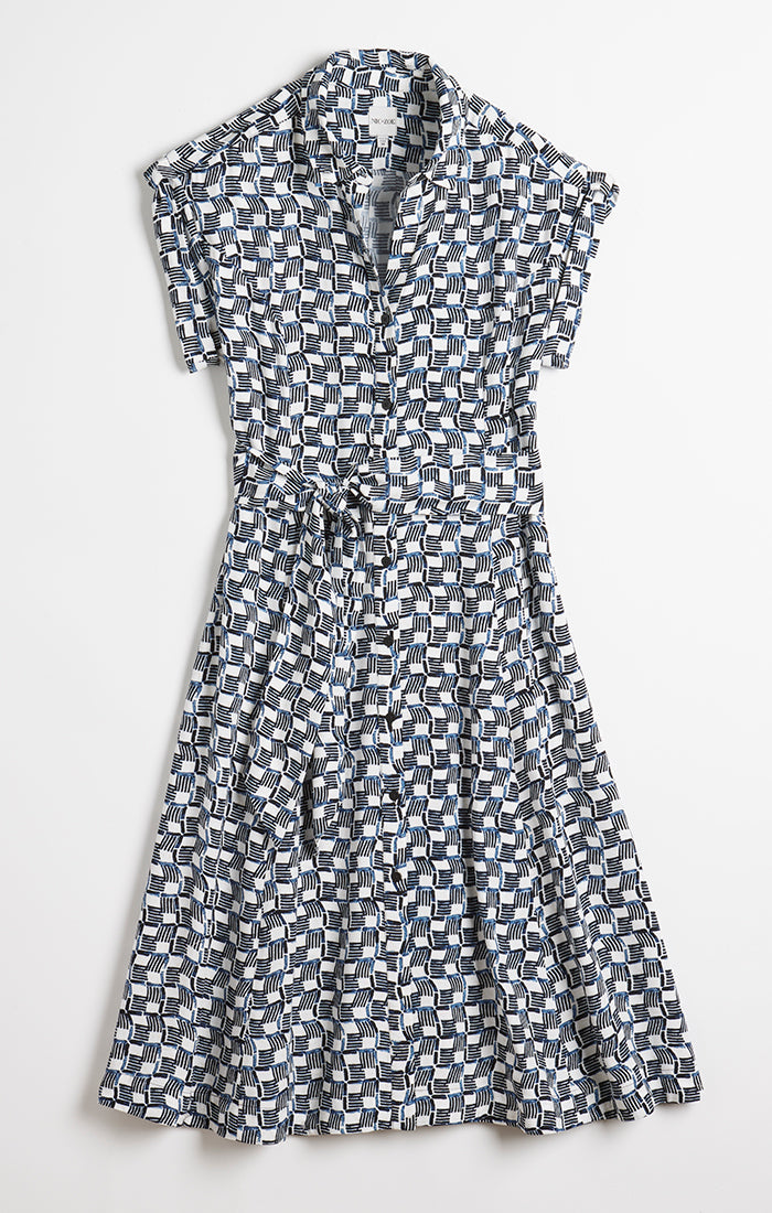 Geometric Short Sleeve Belted Dress