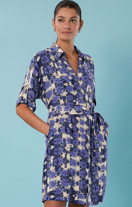 Blue Watercolor Tie-Front Mini Dress