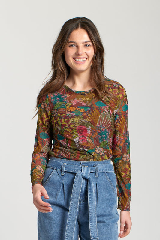 Brown Floral Long Sleeve Mesh Top