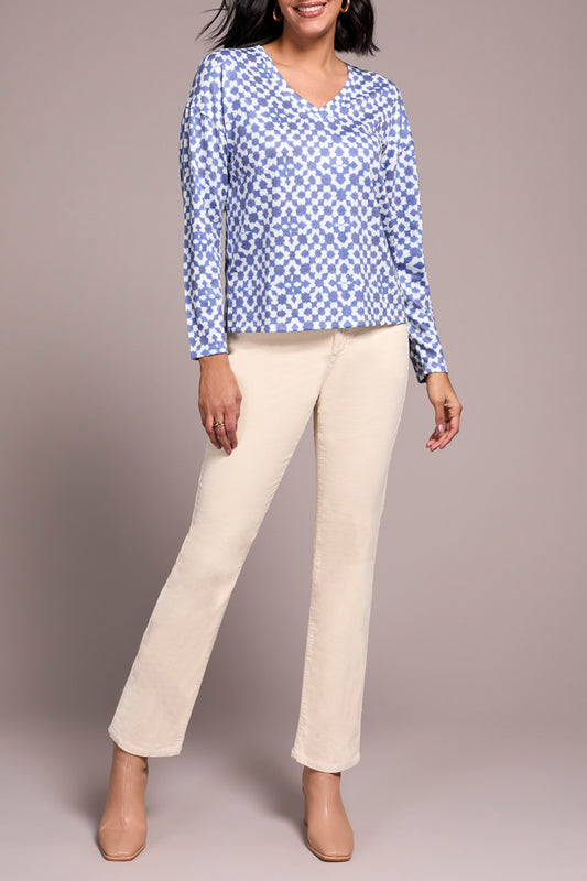 Fuzzy Soft V-Neck Combo Print Knit Top