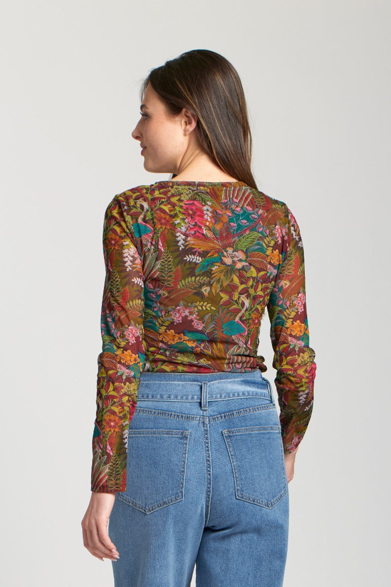 Brown Floral Long Sleeve Mesh Top