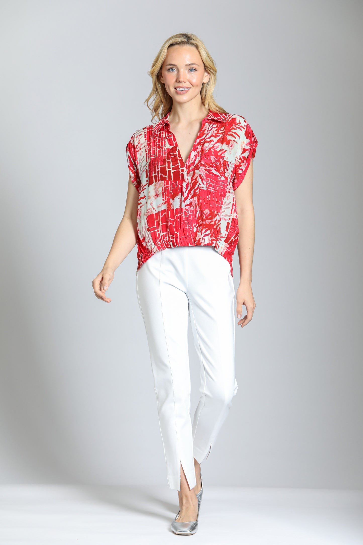 Printed Wrap Blouse With Tabbed Cuffs