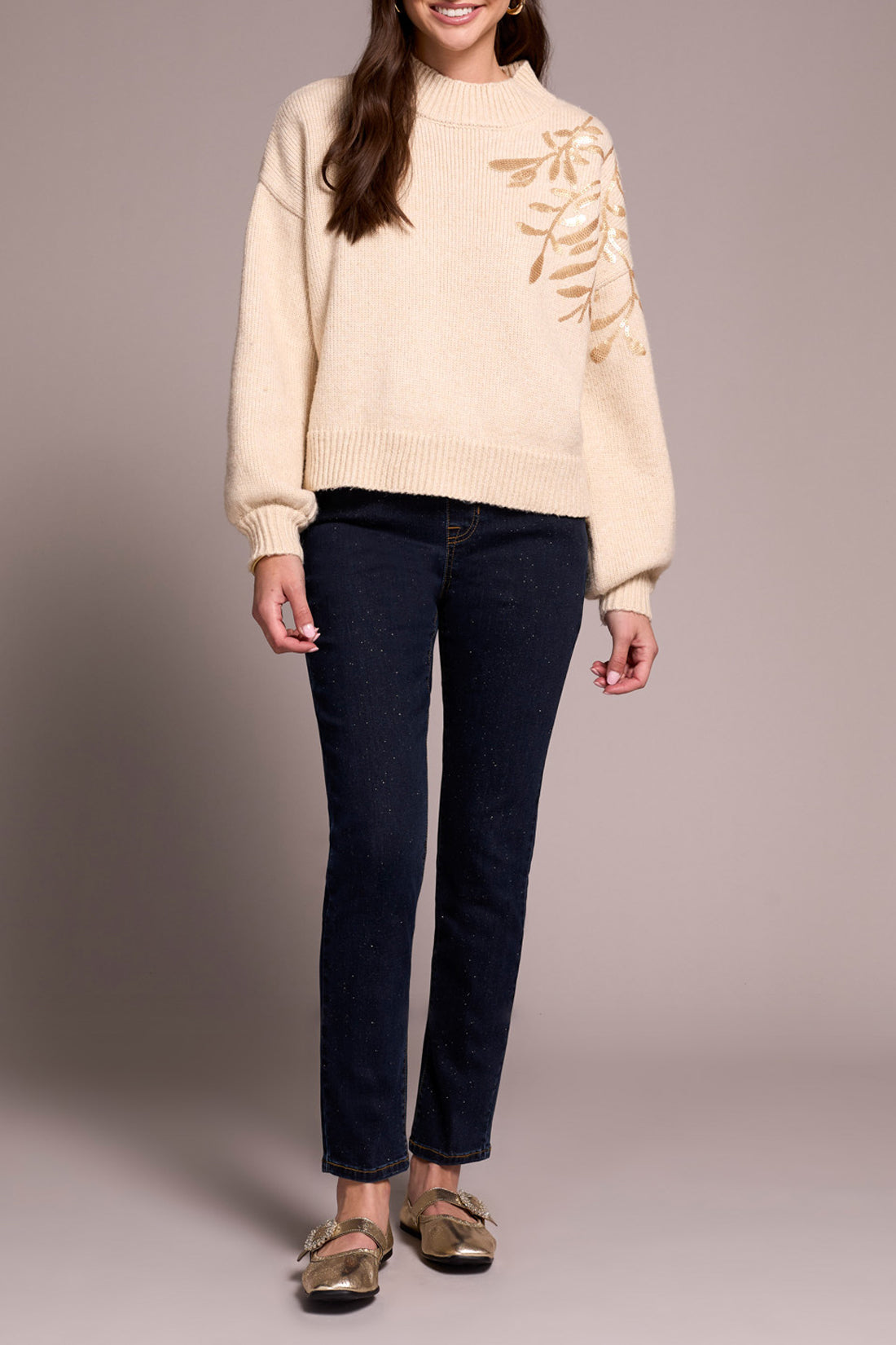 Long Sleeve Mock Neck Sweater with Sequins in Latte