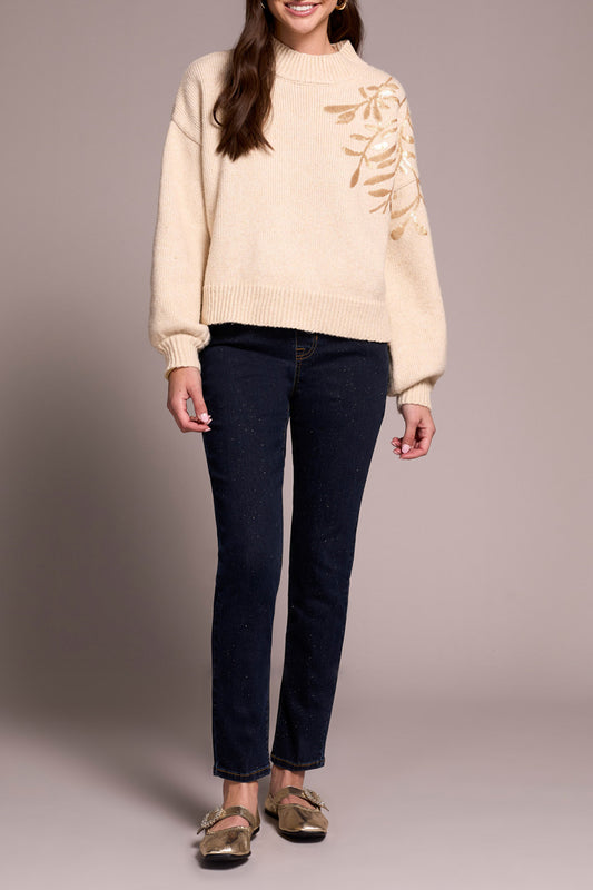Long Sleeve Mock Neck Sweater with Sequins in Latte
