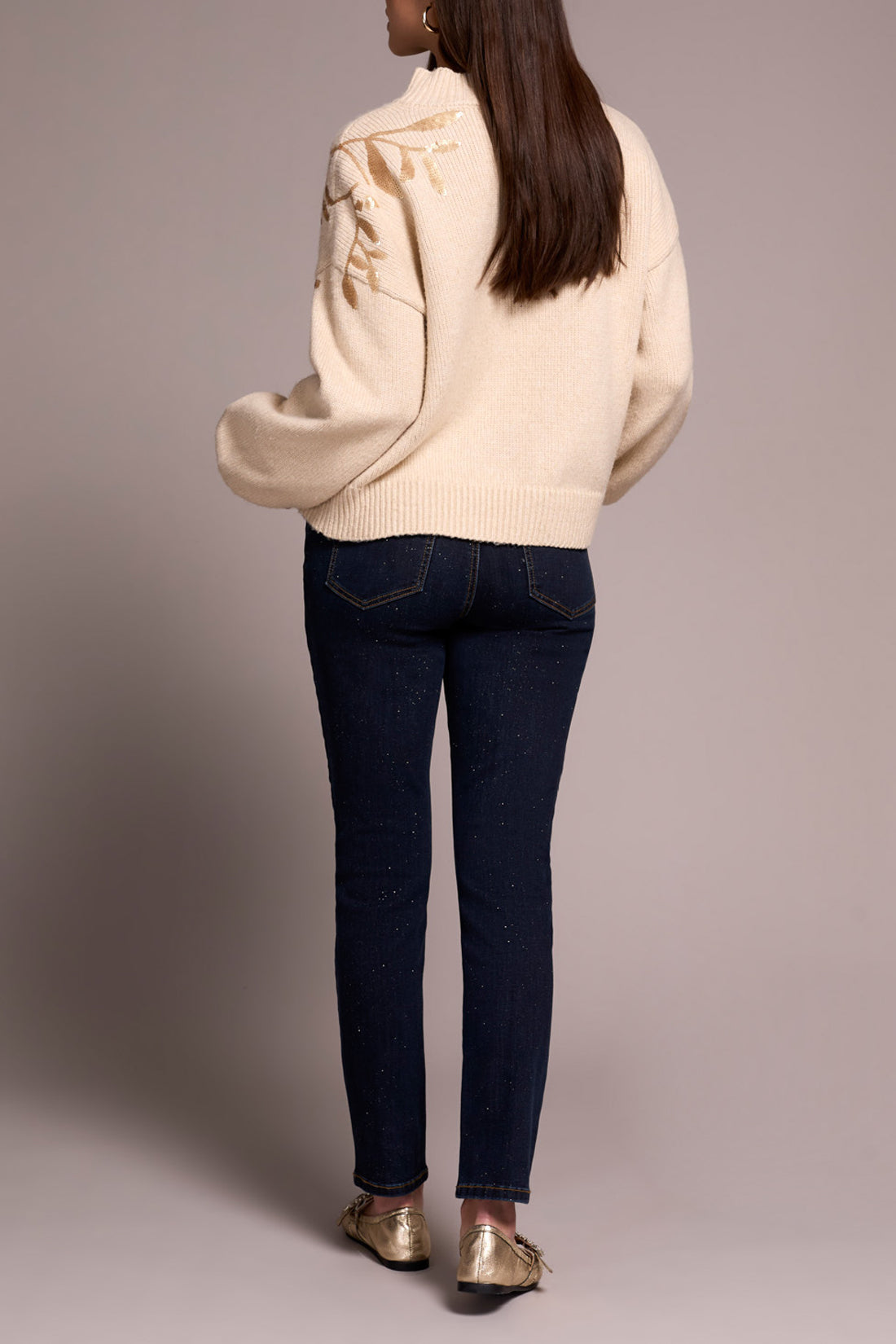 Long Sleeve Mock Neck Sweater with Sequins in Latte