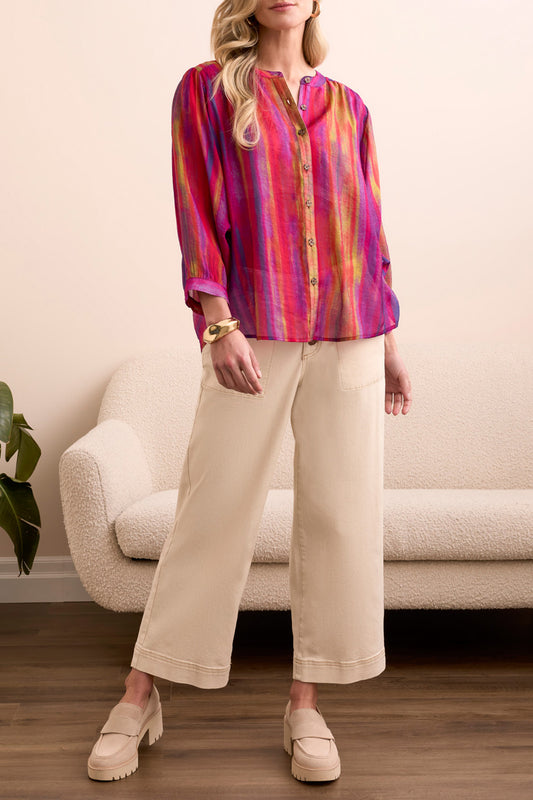 Flowy Dolman Sleeve Blouse With Self-Covering Buttons in Tangored