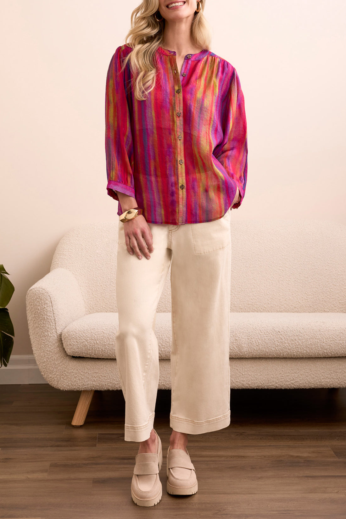 Flowy Dolman Sleeve Blouse With Self-Covering Buttons in Tangored