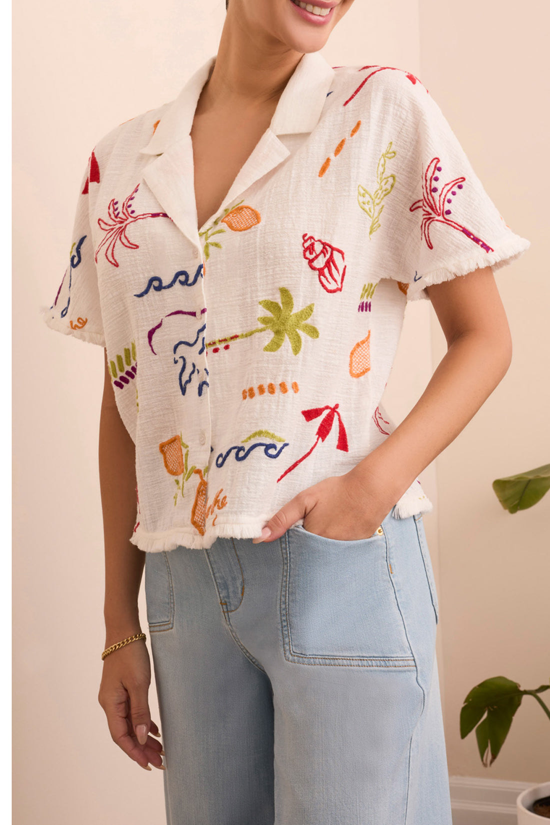 Summer Print Blouse with Fringe Detail