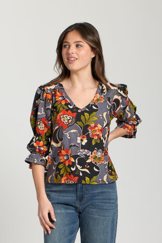 Gray Printed V-Neck Tee with Renaissance Sleeve