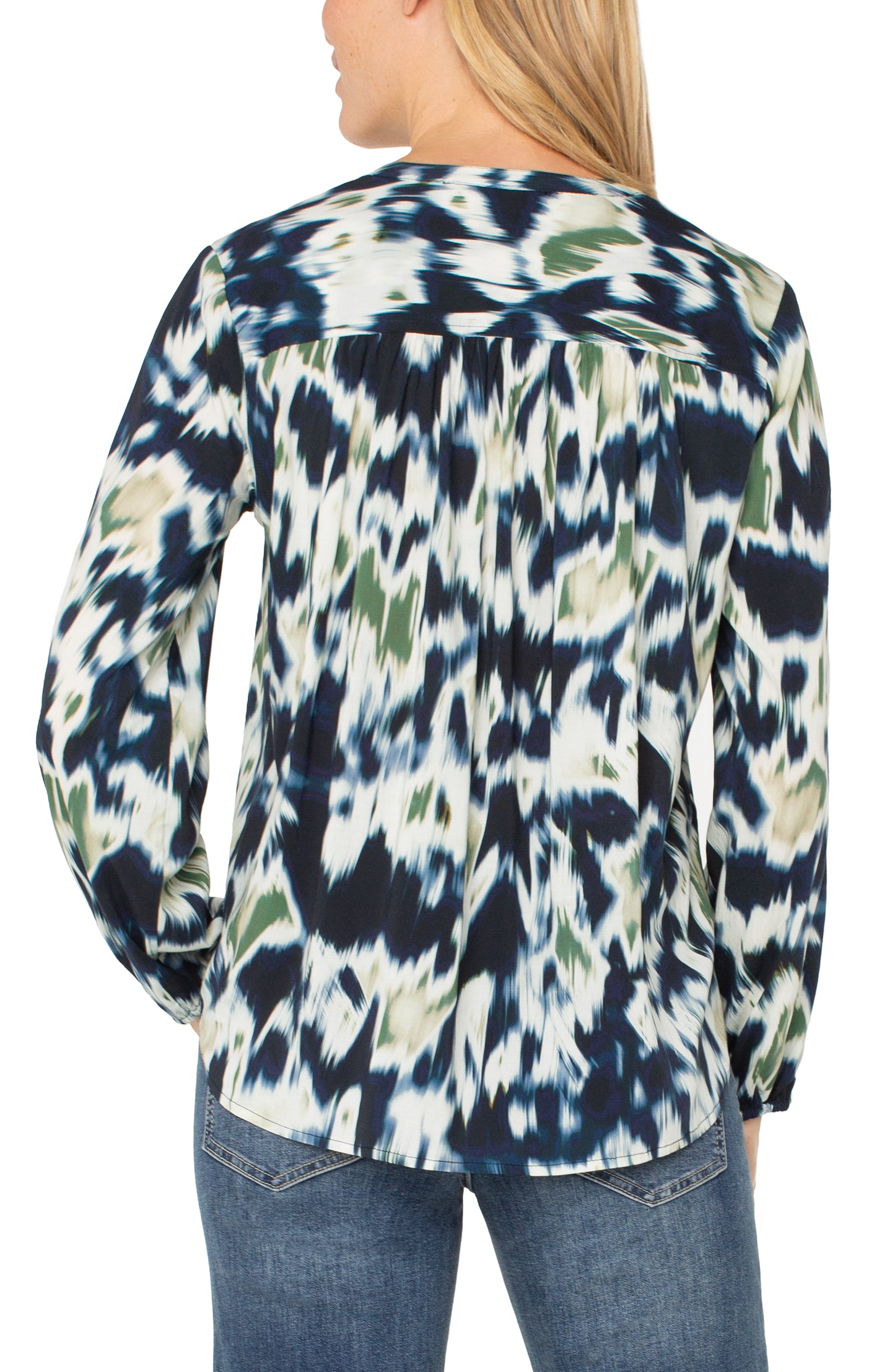 Long Sleeve Button Front Shirred Woven Blouse