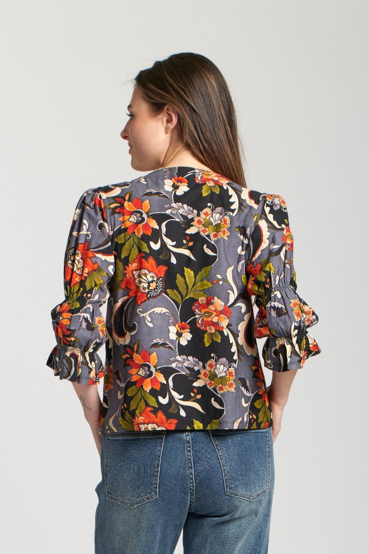 Gray Printed V-Neck Tee with Renaissance Sleeve