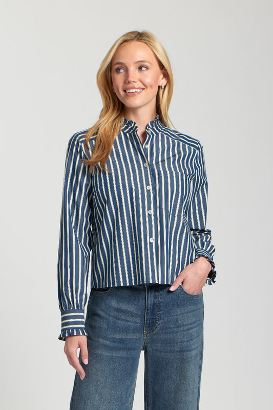 Navy Cropped Stripe Shirt with Ruffle Detail