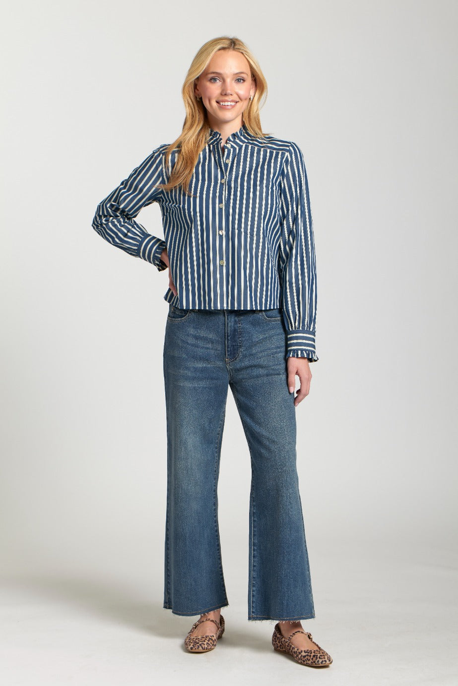 Navy Cropped Stripe Shirt with Ruffle Detail