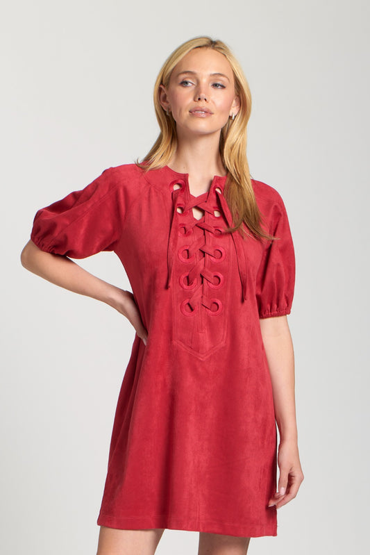 Vegan Suede Lace-Up Puff Sleeved Dress