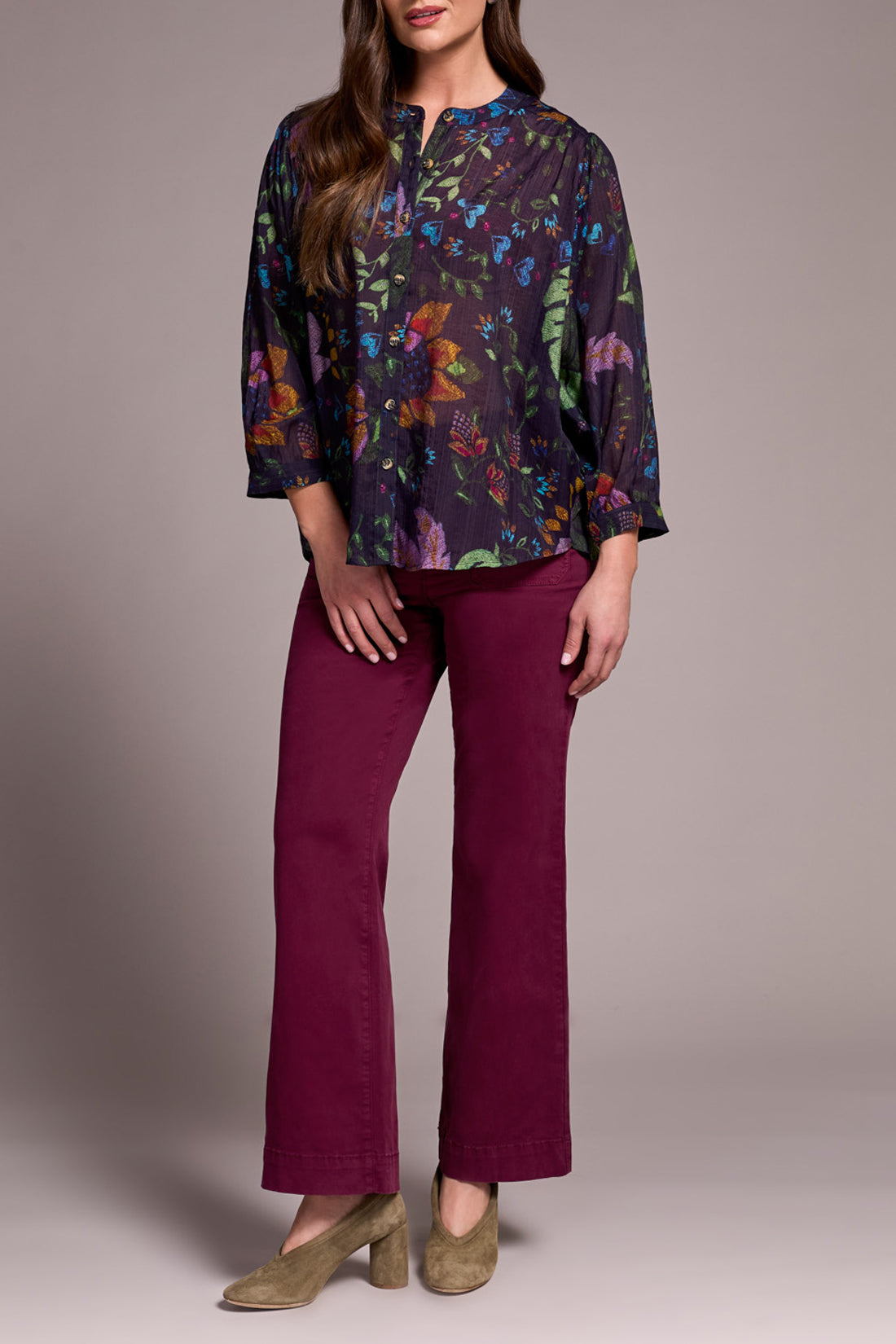 Flowy Dolman Sleeve Blouse With Self-Covering Buttons