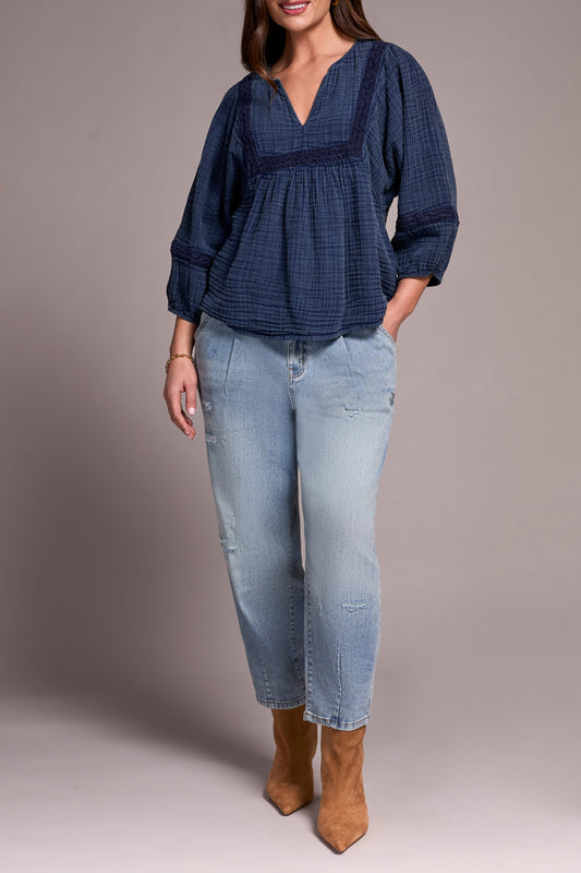 Wide Sleeve Popover Blouse with Embroidery