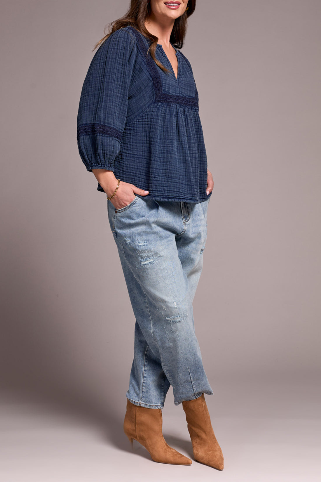 Wide Sleeve Popover Blouse with Embroidery