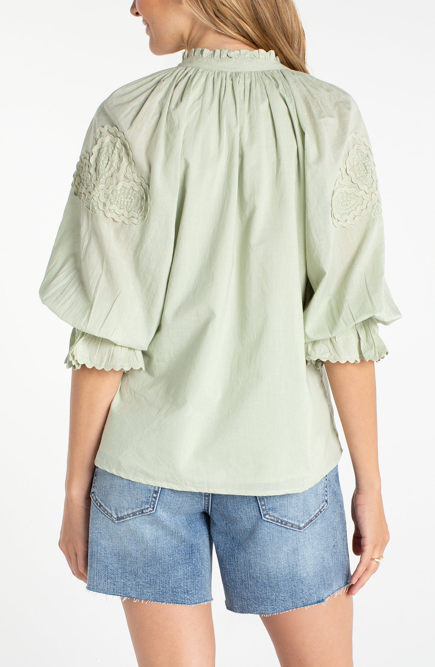 3/4 Sleeve Button Front Woven Top with Embroidery