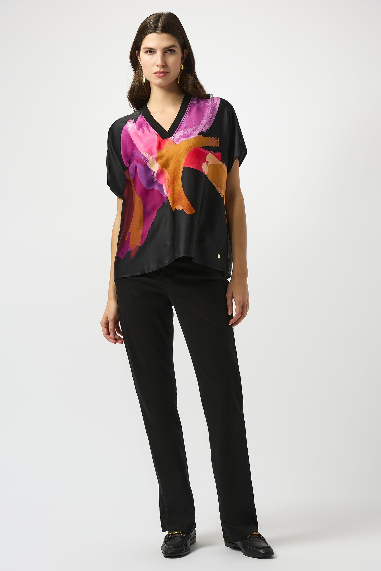 Satin Abstract Print Boxy Top with Rib Trim