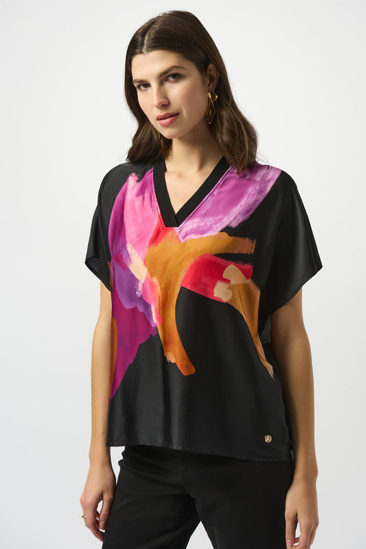 Satin Abstract Print Boxy Top with Rib Trim