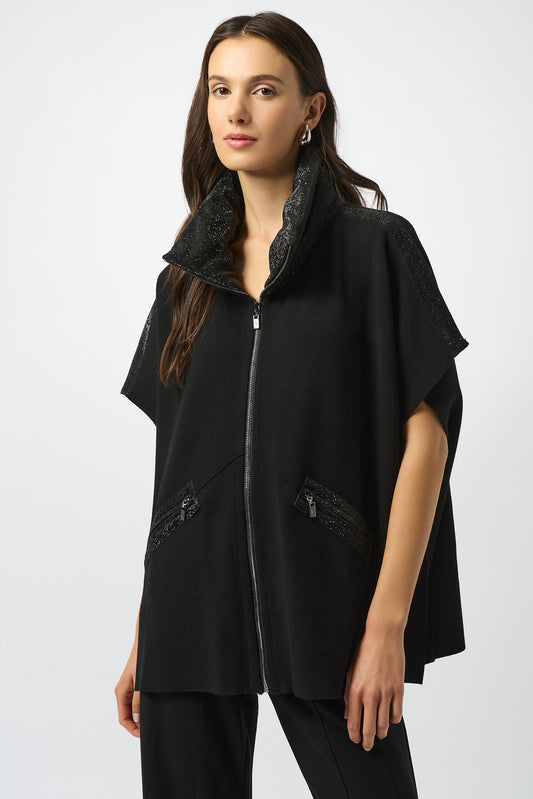 Faux Leather Trimmed Poncho Sleeve Jacket