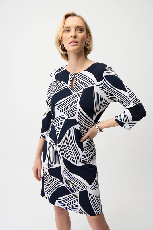 Silky Knit Geometric Print Straight Dress With Keyhole Neckline
