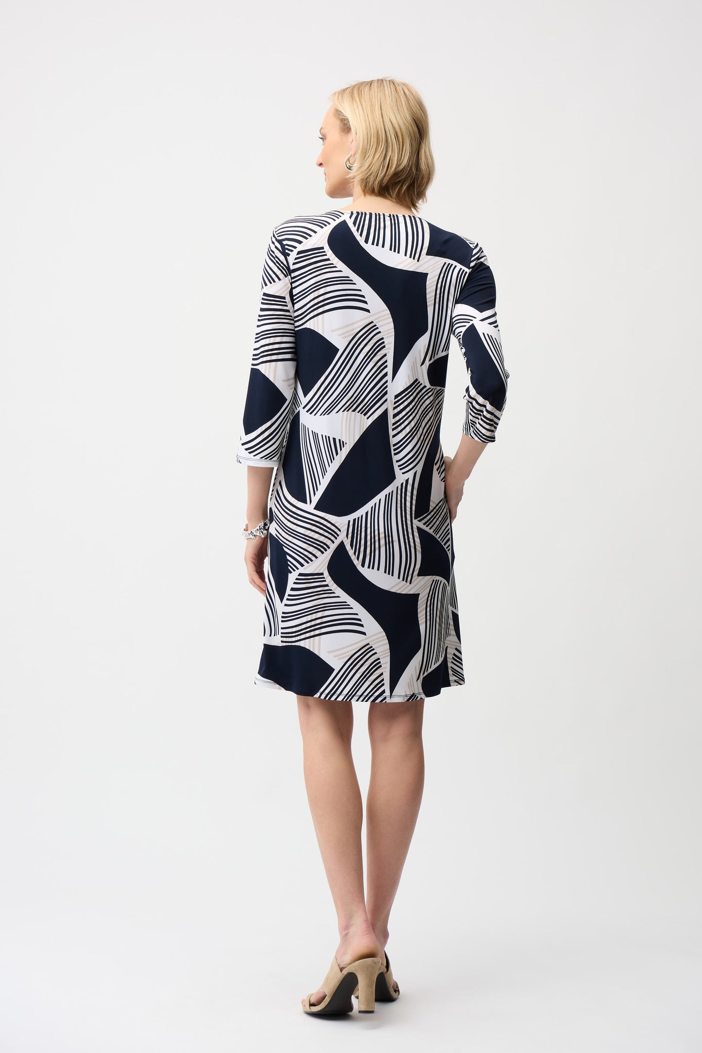 Silky Knit Geometric Print Straight Dress With Keyhole Neckline