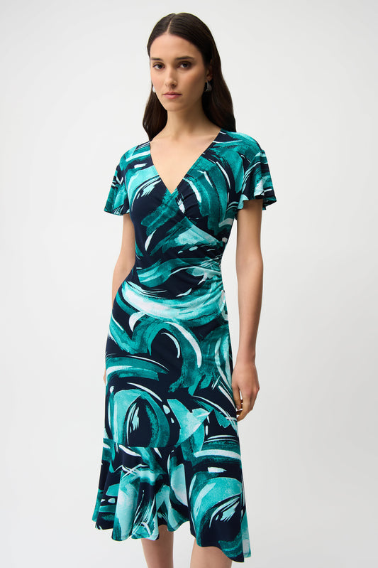Silky Knit Abstract Print Fit And Flare Wrap Dress