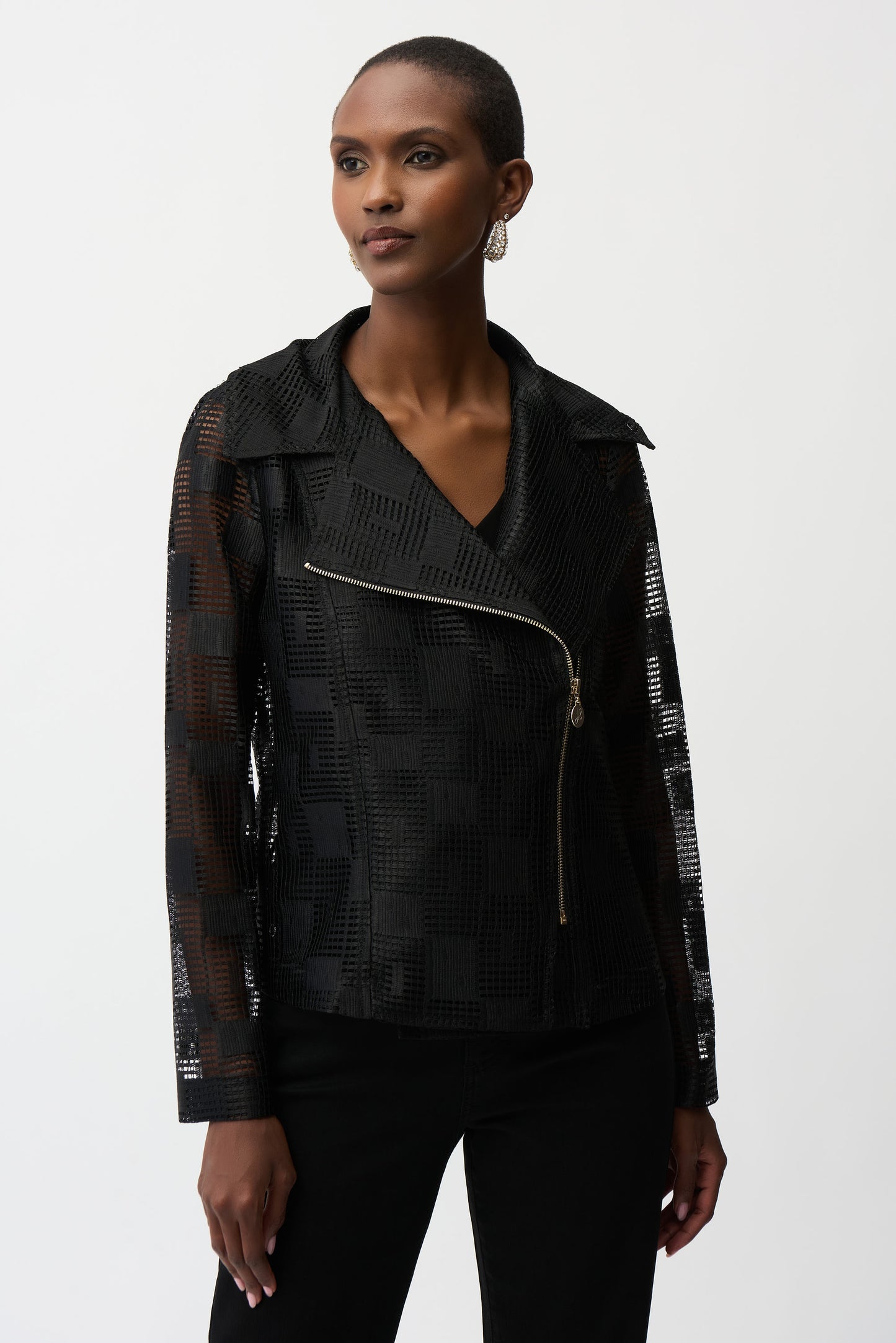 Geometric Mesh Moto Jacket With Asymmetric Zipper