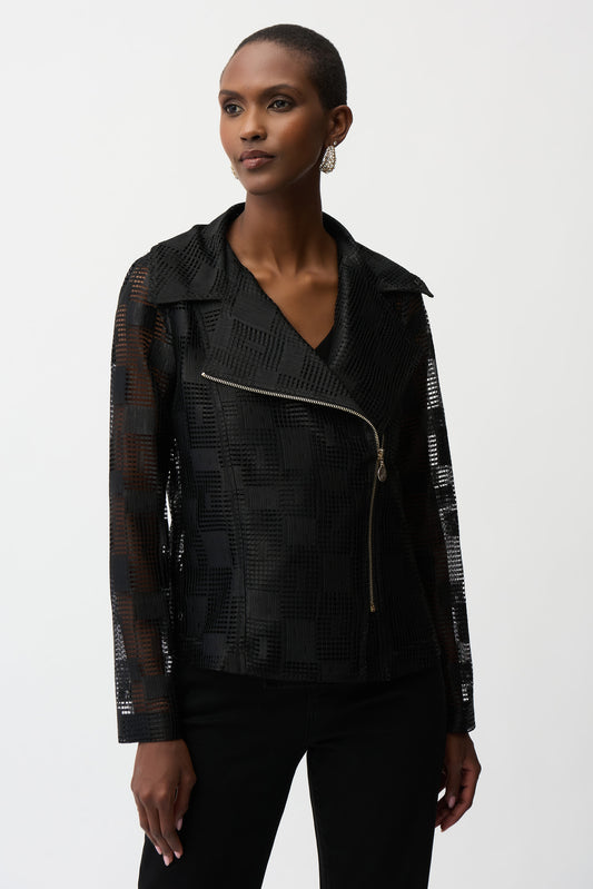 Geometric Mesh Moto Jacket With Asymmetric Zipper